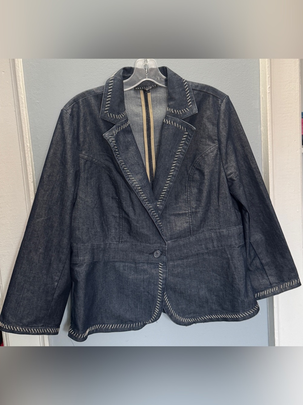Apostrophe Dark Indigo Denim Blazer Jacket Whipstitch Detail Size 10 Jean Jacket